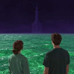 looking from space at green sea and dark purple illusion tower in the back, by greg rutkowski, by anton fadeev, by rhads, 4 k