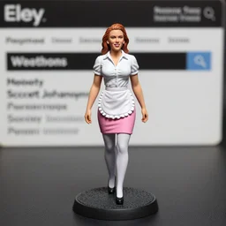 80mm resin detailed miniature of a Scarlett Johansson as Waitress, white blouse, Pink tight mini-skirt, white apron, White tights, smile, on textured base; store website, eBay, Full body;