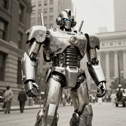 an antique photograph of Starscream, in robot mode, in Chicago, photorealistic, national archives (1938)