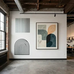 trendy downtown loft with modern murals on the wall, contemporary art, and patterns, interior design, rustic industrial architecture