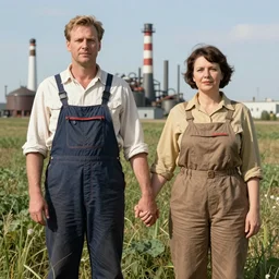 Geert Wilders and Sylvana Simons dressed as factory workers, holding hands in a field in the style of Soviet propaganda