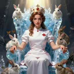 highly detailed closeup portrait of a nurse princess wearing a crown and sitting on an ice throne surrounded by bunnies, nicoletta ceccoli, mark ryden, lostfish, earl nore, hyung tae, frank frazetta, global illumination, god rays, detailed and intricate environment