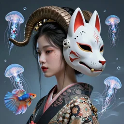 3 d goddess close - up profile portrait cyberpunk with ram skull. beautiful intricately detailed japanese crow kitsune mask and clasical japanese kimono. betta fish, jellyfish phoenix, bio luminescent, plasma, ice, water, wind, creature, artwork by tooth wu and wlop and beeple and greg rutkowski