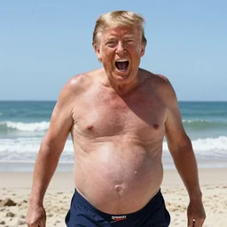 Donald trump showing off his pregnant belly at the beach, he is wearing a Speedo and does not have a shirt on, he is screaming at the camera