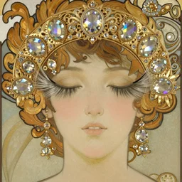gemstone decorated gold and silver eyelashes, filigree, intricate, ornate, iridescent and translucent, by bouguereau, alphonse mucha, ruan jia, conrad roset, fenghua zhong