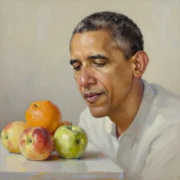 the head of barack obama on a table with fruits, soft light, oil painting