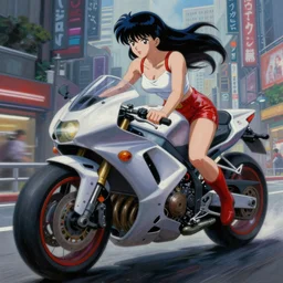 japanese warrior cybergirl riding giant futuristic motorbike through neotokyo, akira ( 1 9 8 8 ) style, oil on canvas, artstation, j, c. leyendeck and edmund blair leighton and charlie bowater, octane render, soft lighting, contrasting