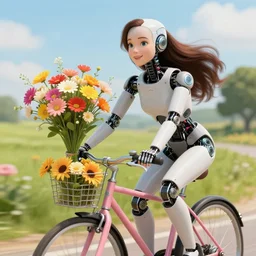 happy universe flowers cyborg woman riding bike