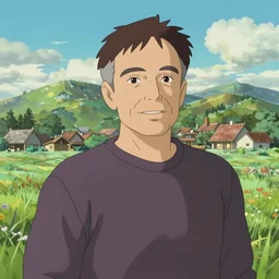 (illustration) of Robin Williams, by (((Studio Ghibli))), village, grassfields and mountains, sharp focus, concept art, smooth