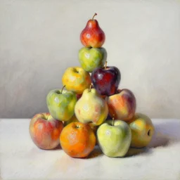 by dorothy johnstone, by ed mell pastel white. a still life of fruit on a table. the fruit is arranged in a pyramid shape, with the largest pieces of fruit at the bottom & the smallest pieces of fruit at the top. the colors are bright & the body art has a lot of texture.