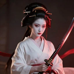 albino geisha with a katana by Hiroaki Samura, red highlights,epic illumination, unreal engine, detailed