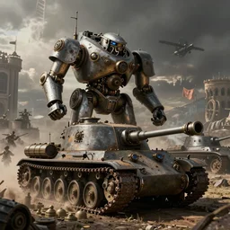 a high fantasy WW1 experimental combat mech attacking an enemy tank in the style of desielpunk/steampunk/decopunk