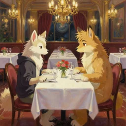 a romantic dinner fancy restaurant scene, two characters at a table on a date, but it's all furry anthro fursonas, anime manga drawing in the style of beastars. trending on pixiv and artstation. an absurdly detailed oil painting, by james gurney, dan mumford, wayne reynolds, ron spencer, gustave dore, charles monet