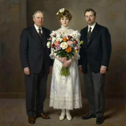 Richard Schmid and Jeremy Lipking full length portrait painting of a young beautiful edwardian girl hold a large bouquet of flowers