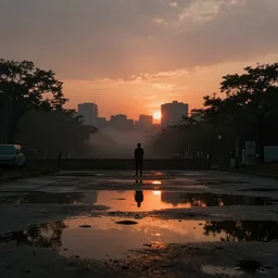 soviet brutalims japan city view by eddie mendoza and greg rutkowsi, orange glow, puddles of water, sunset, trees, foggy, dark, moody, volumetric lighting, dirty
