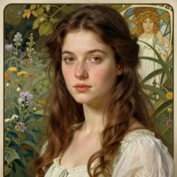a woman and her garden, by pacino di bonaguida, by alfons mucha, by rene magritte, botanical, plant, grassy, flowers, floral, highly detailed, art deco, dark deco