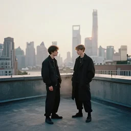 a small rooftop with a couple of modern teenagers, standing and talking to each other, highly detailed, wearing black modern clothes, modern shanghai bund is on the background, dust, sunset, by gregory crewdson, carlos schwabe