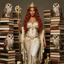bebe rexha as the goddess minerva surrounded by stacks of books, owls, esoteric symbols, in the style of dariusz zawadzki, 8 k, hyperdetailed