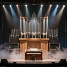 a highly detailed matte painting of a pipe organ stereo system hybrid, rock concert stage, spotlights, footlights, fog, volumetric lighting, imax # render, # 8 k resolution, trending on artstation, style of alanlee and johnhowe