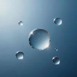 beautiful picture of many big drops of water floating quietly on a blue background, hot and sunny highly-detailed, elegant, dramatic lighting, artstation, 4k, cinematic landscape, photograph by National Geographic
