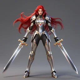 beautiful new character for overwatch, character concept art, full body armor, dual wielding swords, super powers, long red hair, symmetry, intricate design, shiny, highly detailed, hd, dramatic lighting, art by artgerm and greg rutkowski