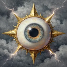 a single detached mystical hazel eyeball, symmetrical frame, lightning, moody clouds, maximalist, gold, art by ilya kuvshinov, rossdraws, * christy lee rogers * ( with help of mario testino and peter lindbergh ), sharp focus, mirrors, art by wlop and artgerm, trending on artstation, extreme detail, detailed drawing