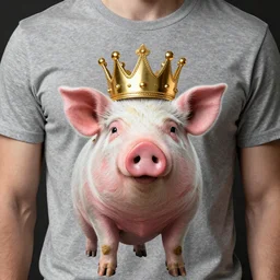 cool teeshirt design featuring an pig wearing a gold crown, 8k, ultra detailed