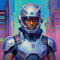 anime manga cyberpunk nigerian male athletic gundam pilot portrait with an intricate futuristic urban inspired helmet, hyperrealistic oil painting, by makoto shinkai and ilya kuvshinov and lois van baarle and rossdraws and basquiat, trending on artstation, cmyk, chromatic aberration, bright neon color palette,