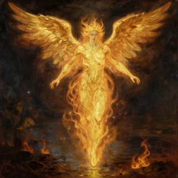 firey archangel made of gold flying above a lake of fire, sparkling embers, renaissance oil painting by alex grey