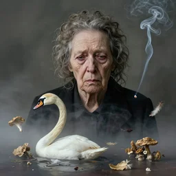 photographic portrait of wrinkly sad max ernst woman swan dried melting floral fungus floating feathers with spiraling cigarette smoke, in fog