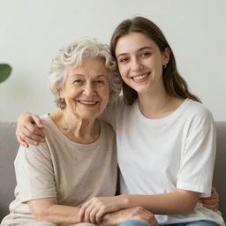 photo of a happy elderly white woman with her 20-year-old white granddaughter