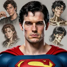 Christopher reeve!!! damaged skin exposed endoskeleton skull, superman costume, realistic shaded perfect face, fine details. not anime. Realistic shaded lighting poster by Ilya Kuvshinov katsuhiro, magali villeneuve, artgerm, Jeremy Lipkin and Michael Garmash, Rob Rey and Kentarõ Miura style, trending on art station