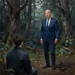 evil Joe Biden stalks an unwitting voter in a spooky old growth forest, oil on canvas in the style of Wayne Barlowe
