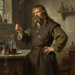 a super detailed illustration portrait painting of a alchemist in medieval lab setting, stance, character studies, hand positions art study, art by tim hildebrandt and frank frazetta and gerald brom