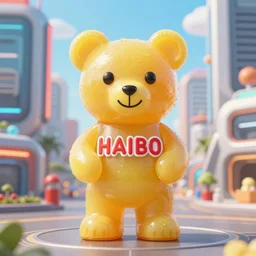 portrait of haribo bear in future city, color and shape focus, central composition, natural lig