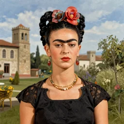 a building in a landscape by Frida Kahlo