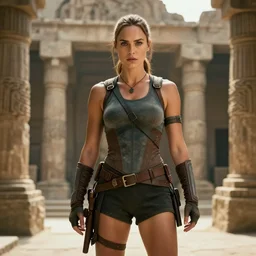 gal gadot in tomb raider outfit background of a ruin temple, cinematic, photo realistic,, photography, 4 k, hdr, epic, high detail, volumetric lighting