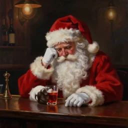 santa claus depressed having a drink at a bar, painting, somber, moody lighting