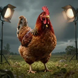 a giant chicken in the distance on a big field,photorealiatic,hyperdetailed,hyperrealistic,studio lighting,studio photography,professional photography,professional lighting,detailed face,3 point lighting,4k,digital art,ultra realistic,ultra detailed,art by greg rutkowski,eerie,creepy,menacing