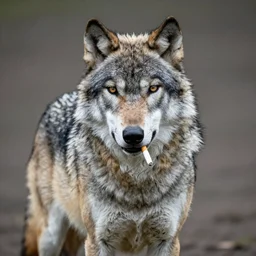 medium shot ultra realistic, professional photo portrait of grey wolf in adidas sport suit, with sigarette in mouth, in the style of terry richardson.