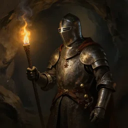 medival knight in dark cave caring a torch, highly detailed, digital painting, trending on artstation