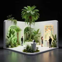 product photo of a futuristic exhibition stand, minimalistic verdant plants, people, by artgerm and greg rutkowski and marc newson and zaha hadid, alphonse mucha, samsung apple webcam, matte glossy materials, neon, three quarter view, volumetric light, detailed, octane render, midsommar