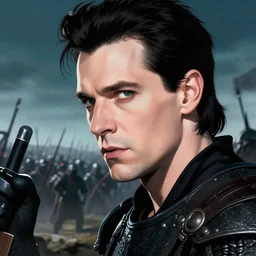 epic cinematic close up artwork of depeche mode performing on the battlefield with medieval warriors watching by greg rutowski, 4 k, sun rays, masterpiece