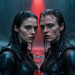 cinestill 5 0 d candid photographic portrait by christopher nolan of two loving female androids wearing rugged black mesh techwear in treacherous waters, extreme closeup, modern cyberpunk moody emotional cinematic, pouring rain menacing red spotlight, 8 k, hd, high resolution, 3 5 mm, f / 3 2, ultra realistic faces, ex machina