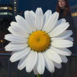 closeup, massive daisy flower head, woman in modern city, surreal photography, night light, dark, impressionist painting, digital painting, artstation, simon stalenhag
