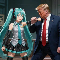 Hatsune Miku punching Donald Trump, very detailed, pixiv