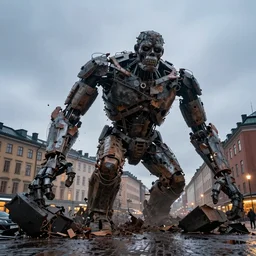 mobile photo of a huge golem wrecking havoc in stockholm, sweden. dusk light after the rain.