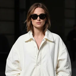 detailed attractive characther portrait of keira knightley wearing oversized nilon white luxury jacket and wearing sunglasses, realistic, wide angle, dramatic light 8 k