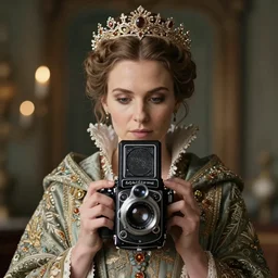 portrait photograph of a very beautiful Scandinavian queen with ornate cloak, bokeh, graflex camera, macro 15mm