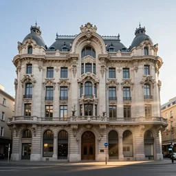 High-quality DSLR photography of the facade of a beaux-arts style flat in Brussels at dawn, art nouveau, designed by Charles Garnier, wide-angle, warm lighting, long shadows, beams of sunlight.